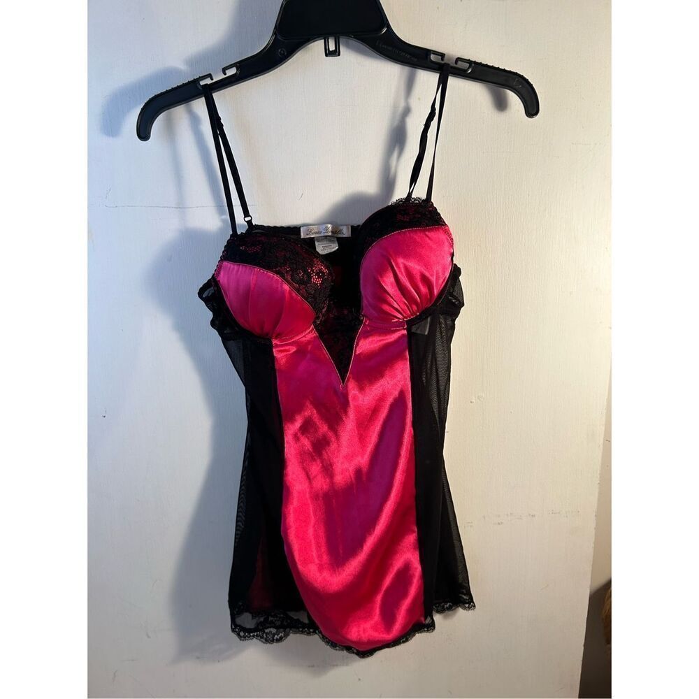 Linea Donatella sexy gown medium hot pink‎ black lace rn#64211